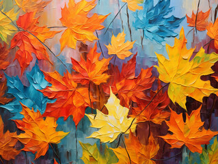 Naklejka na ściany i meble close up of colorful abstract rough textured canvas painting of autumn leaves