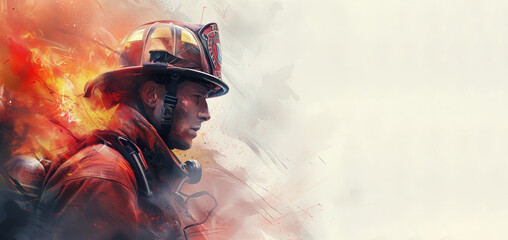 Heroic Firefighter Profile: A Courageous Stare Amidst Fiery Chaos - obrazy, fototapety, plakaty