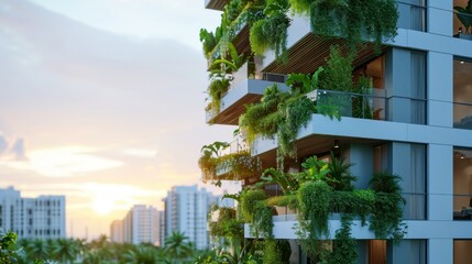 Fototapeta na wymiar Modern and ecological skyscrapers with many trees on each balcony. Modern architecture, vertical gardens, terraces with plants