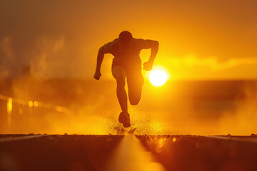 An athlete running on the track at sunset. sports concept.
