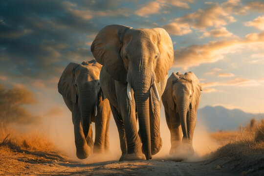 Mighty elephant family on the move, a majestic and awe-inspiring scene capturing a family of elephants walking together in the wilderness.