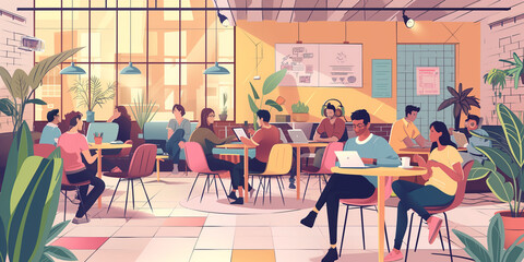 Freelancers and Entrepreneurs Collaborating in a Modern Co-Working Space