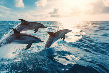 Fototapeta premium Playful dolphins in the ocean, a joyful and dynamic scene capturing a pod of dolphins leaping and playing in the open sea.