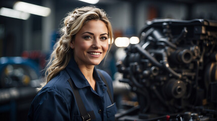 Fototapeta na wymiar smiling young mechanic women at her work space