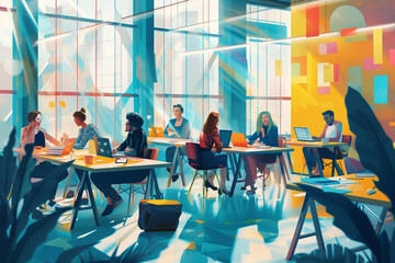 Team Members Engaging in a Sunlit High-Rise Office with a City View