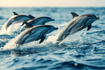 Obraz premium Playful dolphins in the ocean, a joyful and dynamic scene capturing a pod of dolphins leaping and playing in the open sea.