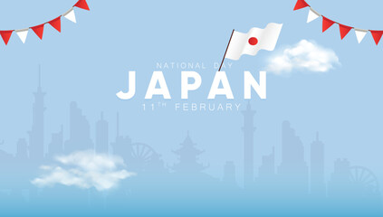 Japan independence day vector banner. Japanese wavy flag in 11th of February national patriotic holiday horizontal design