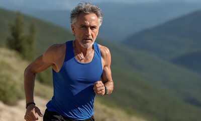 Energetic senior man enjoying jogging in nature