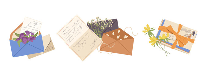 Fototapeta na wymiar Vintage romantic handwritten letters in craft paper envelops with decorative flower bouquets set
