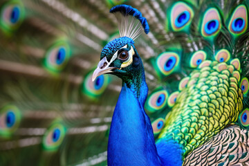 Obraz premium Proud peacock displaying feathers, a vibrant and captivating scene showcasing a peacock proudly displaying its colorful feathers.