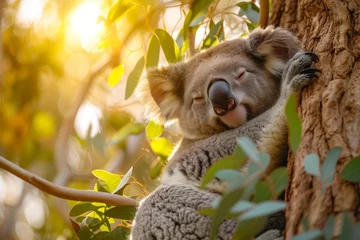 Poster Sleepy koala in eucalyptus tree, a cute and relaxed scene showcasing a koala peacefully resting in a eucalyptus tree. © Hunman