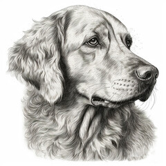 Golden Retriever, engraving style, close-up portrait, black and white drawing, cute hunting dog, favorite pet