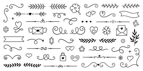 Decorative elements doodle set. Arrows, ribbons, text separators. Divider ornament, corner borders, lines. Hand drawn vector illustration isolated on white background
