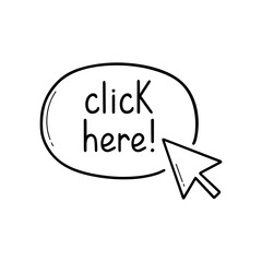Click here button doodle icon. Computer pointer, mouse cursor in sketch style. Hand drawn vector illustration isolated on white background