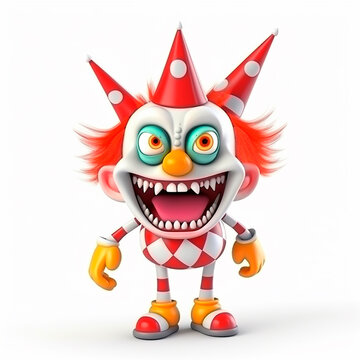 Predatory evil red clown, funny cute cartoon 3d illustration on white background, creative avatar 