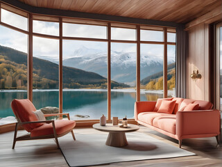 Scandinavian Serenity: Coral Color Sofa and Armchair with Window View of River and Majestic Mountain Range