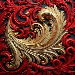 Complex relief artwork, detailed 3d design with metallic gold and red colour, captivating visuals, seamless