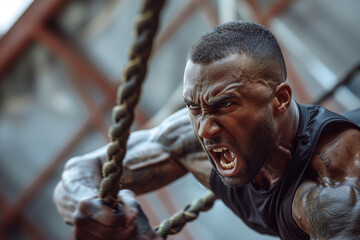 A man shouting while training with ropes in the gym.