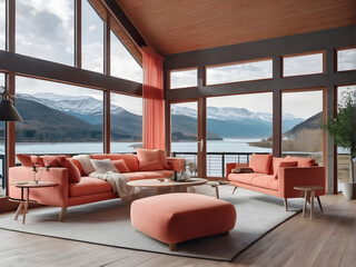 Soothing Simplicity: Coral Color Sofa and Armchair with Window View of River and Mountain Range in Scandinavian Home Interior