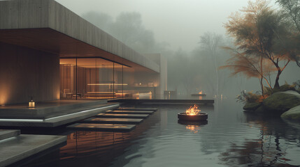 modern, contemporary architecture with fire and water