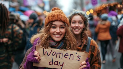 Group of happy females standing together and holding a banner with the inscription women's day