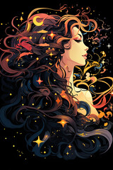 Celestial Elegance: woman with long hair adorned with gleaming stars, embodying celestial elegance.