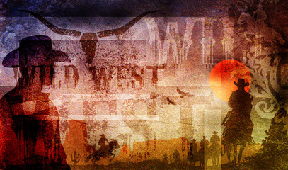 Abstrakte Western Retro, Illustration mit überlagerten Silhouetten Körper - Longhorn Wildwest Reiter mit Pferden - obrazy, fototapety, plakaty
