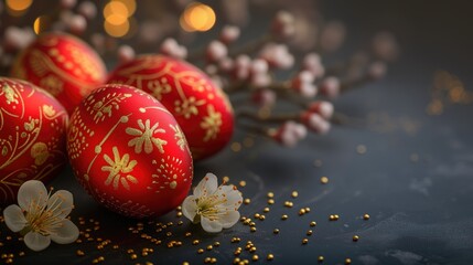 Easter composition with red eggs with golden decor on a dark background. Copy space.
