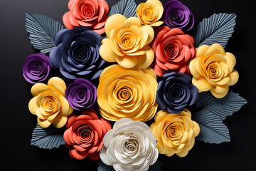 Whimsical Elegance: A Mesmerizing Bouquet of Handcrafted Paper Flowers Blooming Against a Mysterious Black Canvas