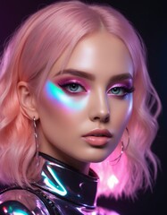 European beautiful woman with shiny holographic makeup