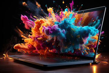 Technicolor Canvas: A Laptop Awash With Vibrant Paint Splatters