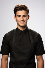 Obraz premium Enigmatic skilled craftsman, donned in a sleek black shirt and apron, passionately pours his creative spirit into his work.