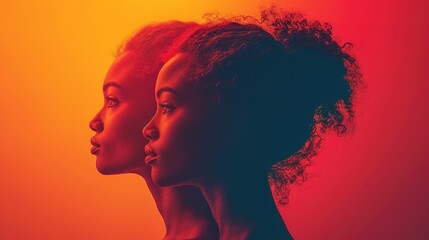 Portrait of several beautiful young black women on a bright background.