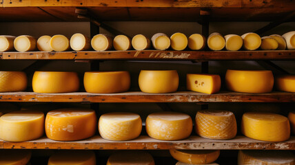 Big wooden shelf filled with different kind of cheese heads, cheddar, mozzarella, gouda, roquefort, brie on a wooden table. Play of light and shadow