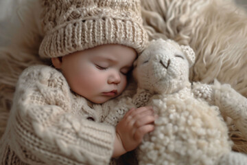 Newborn in a beige hat dozing off with a stuffed toy lamb, fluffy background. Suitable for infant care guides and cute babies sleeping.