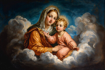 Mary with Jesus, Antique Painting Style Art. Generative AI image. © Mark K. Barry