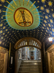 Obraz premium Interior ceiling (entrance to the crypt of St. Benedict and Scholastica) of the Abbey at Montecassino, Lazio, Italy. Rebuilt after being bombed in WWII