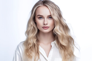 Naklejka premium woman with wavy blonde hair, wearing a white shirt, ai generative