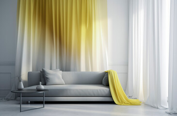 a modern living room with a grey sofa, yellow and white curtains, and minimalistic decor, ai generative