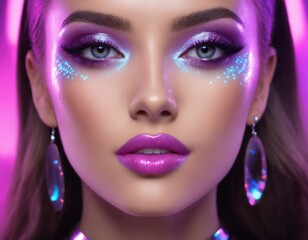 Closeup of woman's face with holographic makeup