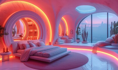 Futuristic-looking bedroom in pink and orange neon tones, storybook style, ultra detailed,...
