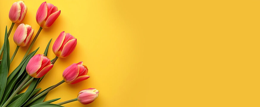 Bouquet of tulips on yellow background. Spring tulip flowers on a yellow horizontal banner are fanned out. Congratulations on Women's or Mother's Day. Banner template for spring seasonal sale. 