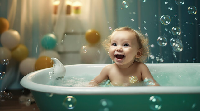 A child in a bubble bath is surrounded by floating bubbles, with colorful balloons and bathroom items in the background, ai generative