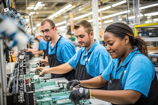 Bright and airy factory, a diverse group of workers collaborates around a high-tech assembly line.