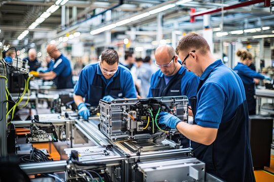 Bright and airy factory, a diverse group of workers collaborates around a high-tech assembly line.