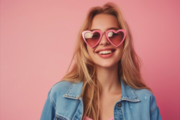 Naklejka premium Studio portrait of a cool young woman posing wearing heart shaped love sunglasses