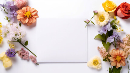Flowers and envelope on white background. Postcard mockup. Floral frame of spring flowers, envelope and white blank for text. Romantic, wedding, birthday, invitation, mother's day mock up card.
