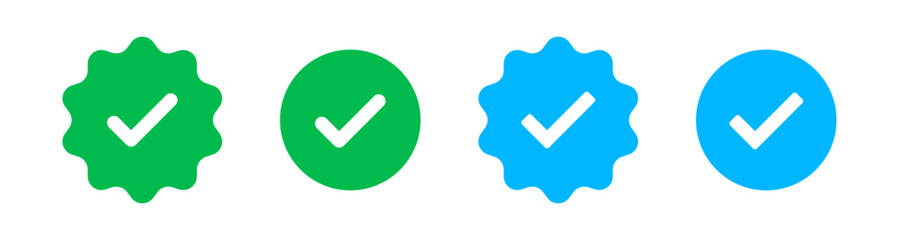 Verified badge icon tick symbol vector approved check mark icon. Blue green checkmark icons - Certificate badge Quality certify icon - obrazy, fototapety, plakaty