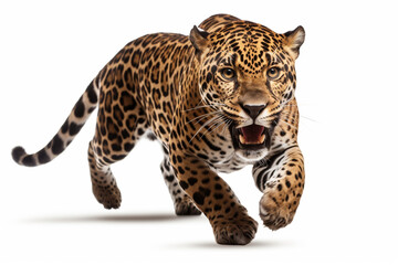 Fototapeta premium Jaguar leaping toward the camera on a white background, feline front portrait
