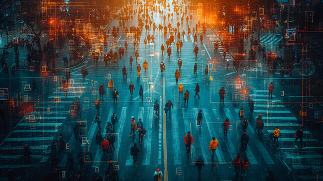 Surveillance state concept: facial recognition system keeping tabs on urban citizens
